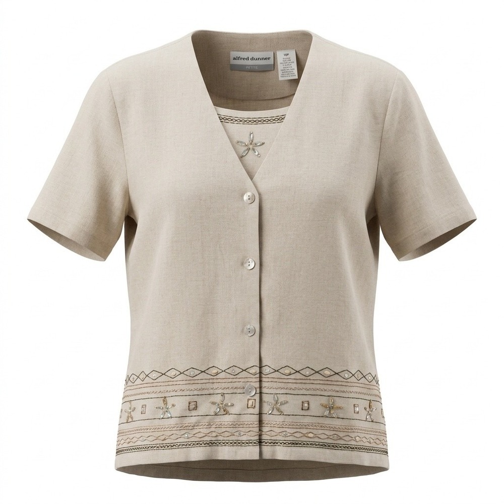 Alfred Dunner Top Womens 10P Beaded Floral Linen Blend Tan Solid Regular Vintage